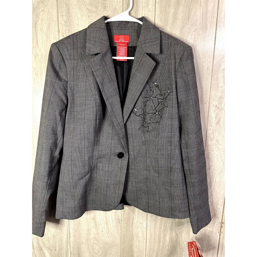 Oscar De La Renta New w/ Tags Single Button Blazer Floral Gray Plaid Womens 10